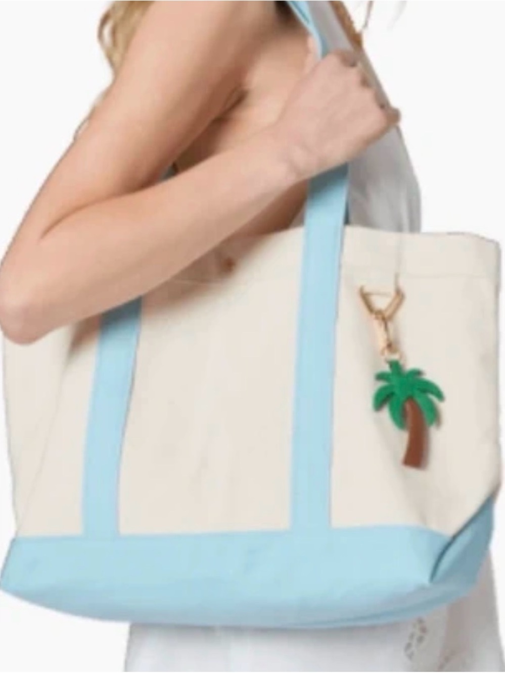 🆕Bnwt BaubleBar Cream Canvas Tote with Light Blue Trim and Palm Tree Charm